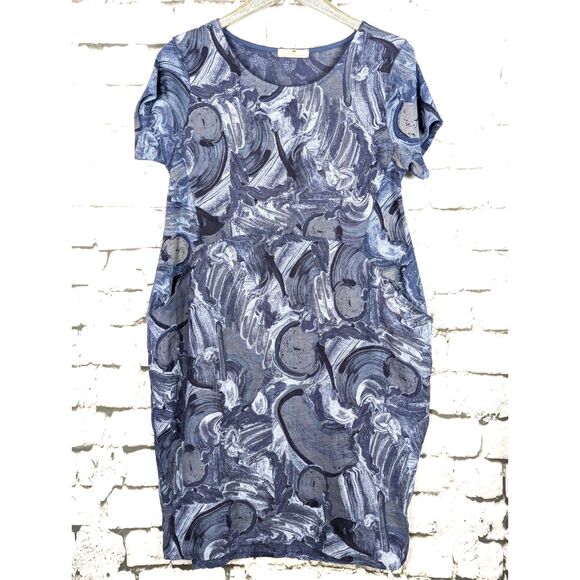 LANDS DOWNUNDER Italian Linen Dress Paint Swirl Print Pockets Artsy Boho Small - Picture 1 of 5